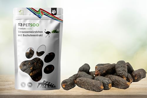 Petsoo Premium Straussenwürstchen mit Buchuteeextrakt - Premium Strauß Snack Leckerli für Hunde - 200g - Ideal für Training und als Belohnung von Petsoo