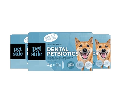 Petstile Dental PetBiotics – Zahnpflegepulver für Hunde mit Probiotika & Kräutern – Gegen Mundgeruch, reduziert Zahnbelag, unterstützt gesundes Zahnfleisch & die Darmflora (3X 120 g) von Petstile
