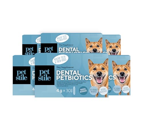 Petstile Dental PetBiotics – Zahnpflegepulver für Hunde mit Probiotika & Kräutern – Gegen Mundgeruch, reduziert Zahnbelag, unterstützt gesundes Zahnfleisch & die Darmflora (6X 120 g) von Petstile