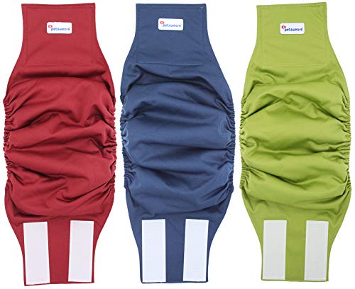 Petsweare Wasserdicht Saugfähigkeit Waschbare Robuste Wiederverwendbare Hundewindeln Inkontinenzunterlage für Männlichen Welpe und Hunde 3 Pack (Small, Grün-Rot-Blau) von Petsweare