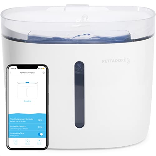 Pettadore Hydrate Compact - Trinkbrunnen/Tränke für Katze/Hund, Intelligenter Wasserbrunnen mit App, Katzenbrunnen mit leiser Pumpe, Wasserspender mit Benachrichtigungen und starkem Filtersystem 1.9L von Pettadore