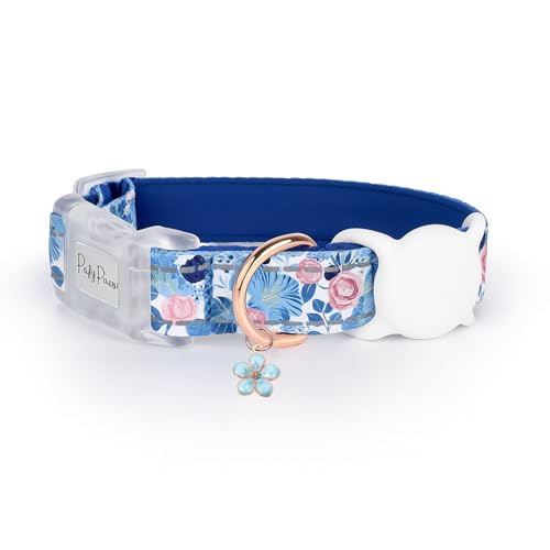 Petty Perry Hundehalsband mit wasserdichtem AirTag-Halter, reflektierendes, verstellbares blaues Blumenmuster, Hundehalsband mit Schnellverschluss-Schnalle für kleine, mittelgroße und große Hunde von Petty Perry