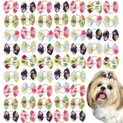 Petunny Haarschleifen für Haustiere, 60 Stück, mit Früchten, Hundeschleifen mit Strassperlen, Welpen, Haarschleifen mit Gummibändern für Valentinstag, Hunde, Haarpflege-Zubehör (zufällige Farbe) von Petunny