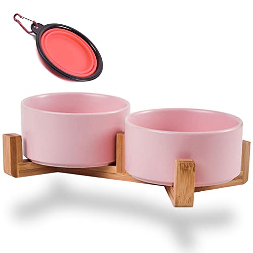 Petygooing Hundenäpfe, rosa Keramik-Katzen-Hundenapf-Set mit Holzständer für Futter und Wasser, rutschfest, gewichtet, modernes Haustier-Futter-Set für Katzen und mittelgroße Hunde (382 g/13 cm) von Petygooing