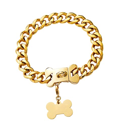 Petyoung Goldkette für Hunde mit Knochenform, Schnalle und Etikett, 19 mm stark, kubanische Verbindung, für Katzen und Hunde, Kostüm, modisches Metallhalsband von Petyoung