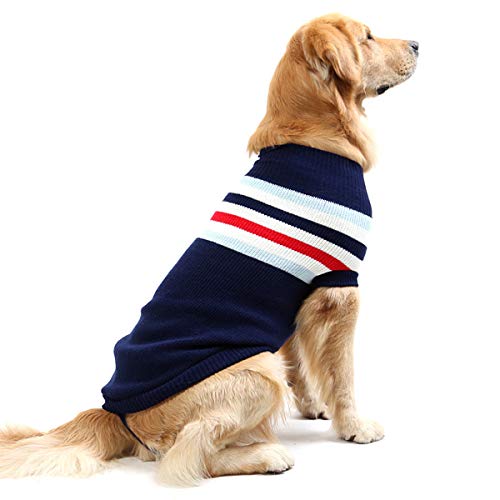Petyoung Modischer gestreifter Hundepullover, Warmer Mantel, Strickwolle, Winterpullover für kleine, mittelgroße und große Hunde (Blauer Streifen, XL28) von Petyoung