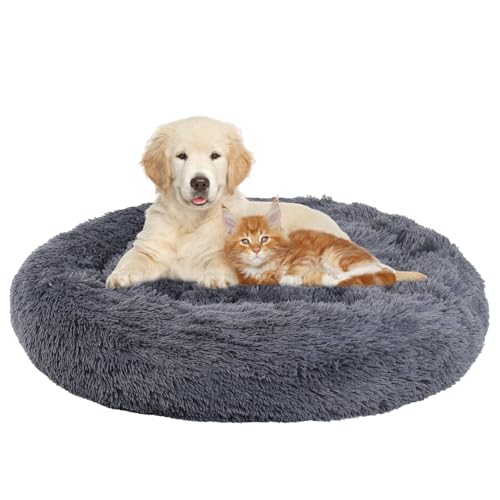Peviasot Hundebett flauschig, Ø 80 cm Donut Kissen, Katzenschlafplatz für Katzen Kleine Mittelgroße Hunde, Waschbar, Plüsch-Hundebett, Dunkelgrau von Peviasot