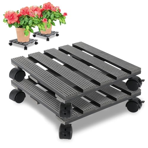 Peviasot Pflanzenroller, 2X WPC Gefäßroller, Pflanzen Rollbrett Tragkraft 80 kg, Blumenroller Eckig 30 x 30 cm, 360 ° Drehbare Rädern, Blumenroller mit Rollen für den Innen- und Außenbereich, Grau von Peviasot