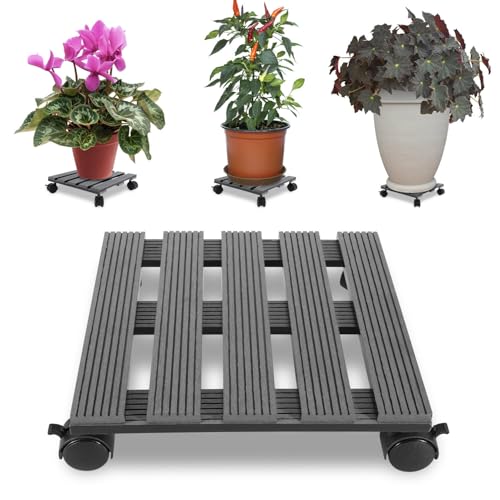 Peviasot Pflanzenroller, WPC Gefäßroller, Pflanzen Rollbrett Tragkraft 80 kg, Blumenroller Eckig 30 x 30 cm, 360 ° Drehbare Rädern, Blumenroller mit Rollen für den Innen- und Außenbereich, Grau von Peviasot