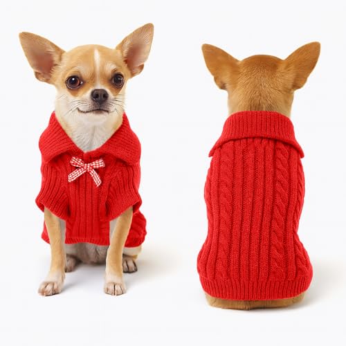 Peybaiwy Pullover für kleine Hunde, Welpen, Katzen, gestrickt, Revers und Schleife, für Herbst und Winter, warmer Mantel, Outfit für Hunde, Jungen, Mädchen, Rot, Größe XL Peybaiwy Pullover für kleine Hunde, Welpen, Katzen, gestrickt, Revers und Schleife, für Herbst und Winter, warmer Mantel, Outfit für Hunde, Jungen, Mädchen, Rot, Größe XL von Peybaiwy