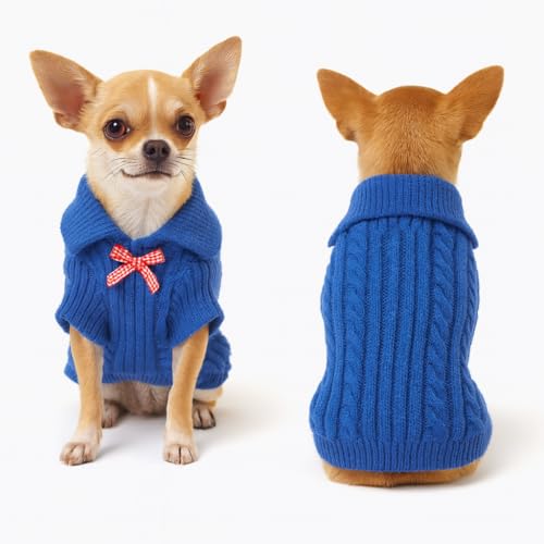 Peybaiwy Pullover für kleine Hunde, Welpen, Katzen, gestrickt, Revers und Schleife, für Herbst und Winter, warmer Mantel, Outfit für Hunde, Jungen, Mädchen (Blau, M) von Peybaiwy