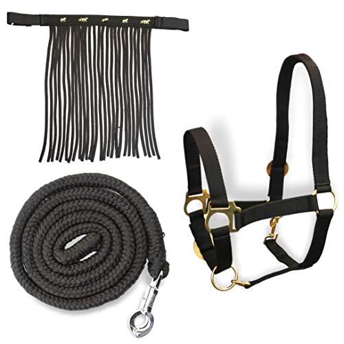 Halfter für Pferde mit Führstrick & Fliegenfransen Pferd, Halfter mit Strick - Halfter Pony Shetty Halfter Cob Full Kb (Pony, Schwarz) von Pferdelinis