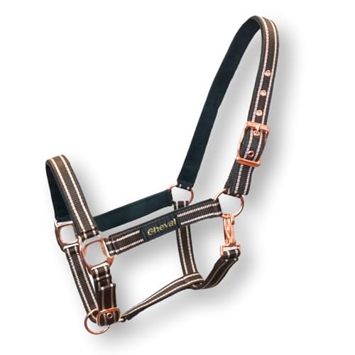 Halfter für Pferde mit Glitzer in Rosegold, Halfter Pferd in schwarz und pink, 2-Fach verstellbar (Braun Rosegold, Shetland Pony) von Pferdelinis