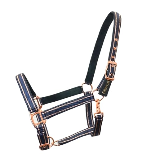 Halfter für Pferde mit Glitzer in Rosegold, Halfter Pferd in schwarz und pink, 2-Fach verstellbar (Dunkelblau Rosegold, Pony) von Pferdelinis