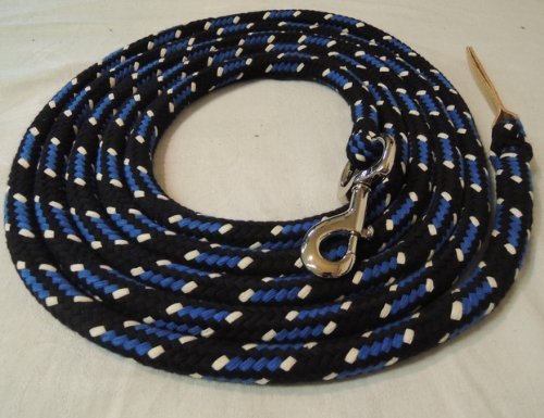Bodenleine aus Baumwolle schwarz-blau-Natur 6,70 Meter mit Karabinerhaken Silber und Lederende von Pferdeseile_de
