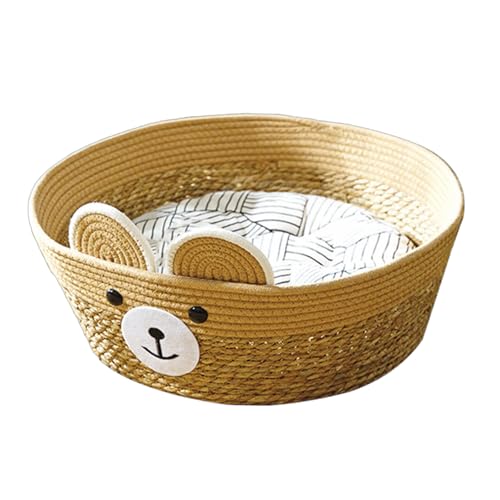 Pffiocix Haustierbett, gewebter Korb mit abnehmbarem Kissen, Cartoon-Bär-Themenkorb, Hundekorb, abnehmbares Kissen von Pffiocix