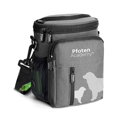 Pfoten Academy® Premium Futterbeutel - Leckerlitasche mit Kotbeutelspender - Hundetraining, Gassi Gehen, Outdoor - Umhängetasche mit Aluminium Gürtelklipp & Verstellbarem Taillen-/Schulterriemen von Pfoten Academy