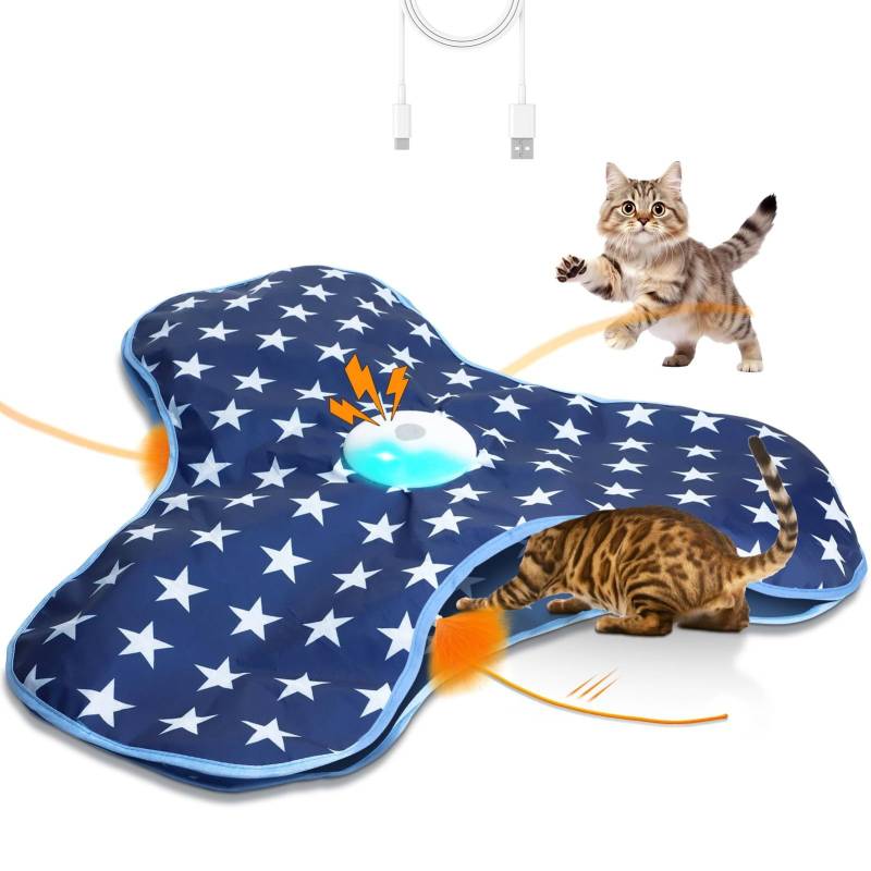 KATZENTEPPICH interaktives Katzenspielzeug mit selbst drehendem Wedel – Dunkelblau / Die englische Bedienungsanleitung enthält eine Audioversion. von Pfoten-Boutique