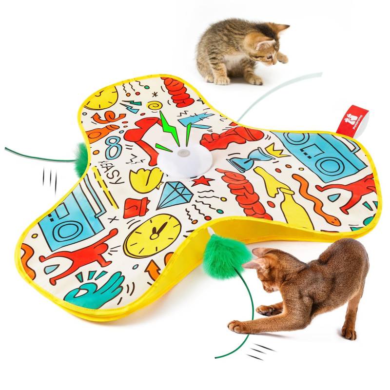 KATZENTEPPICH interaktives Katzenspielzeug mit selbst drehendem Wedel – Sonnengelb / Die englische Bedienungsanleitung enthält eine Audioversion. von Pfoten-Boutique