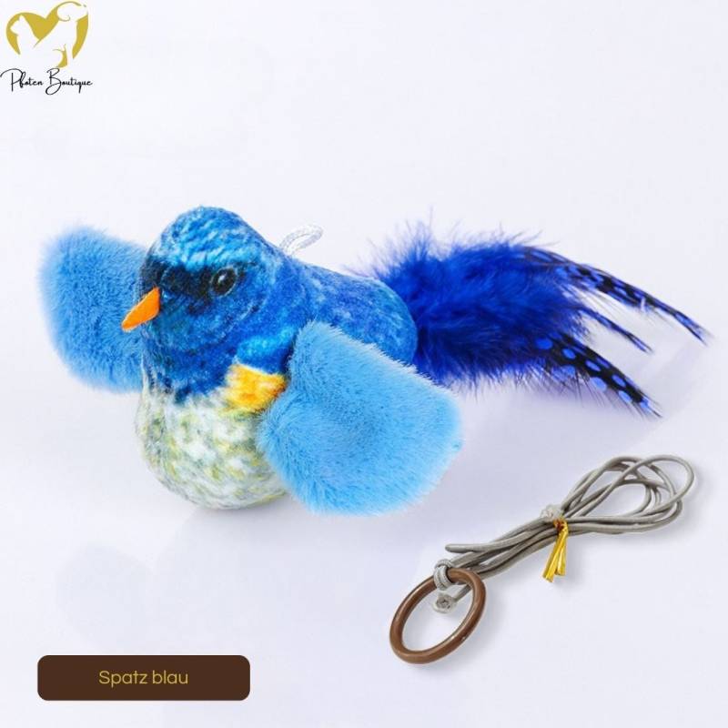 VOGELGESANG - zwitschender Vogel Katzenspielzeug zum Aufhängen – Spatz blau von Pfoten-Boutique