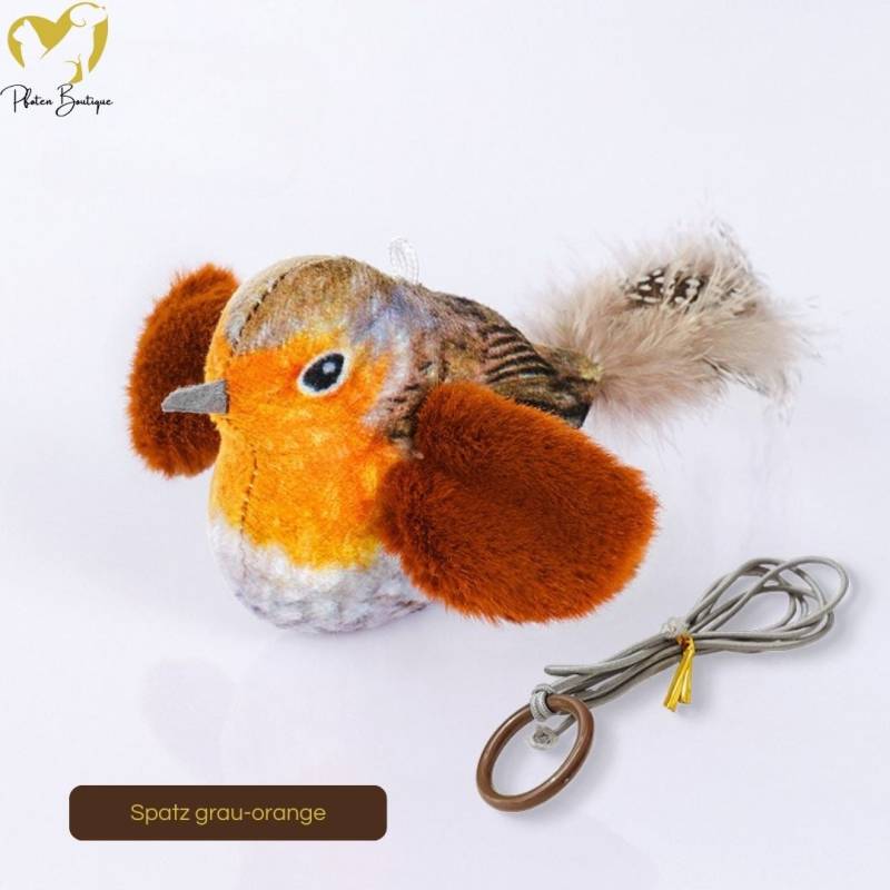 VOGELGESANG - zwitschender Vogel Katzenspielzeug zum Aufhängen – Spatz grau-orange von Pfoten-Boutique