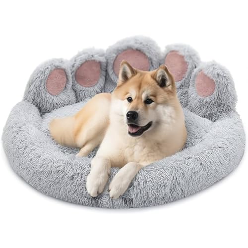 Pfoten&Nasen Hundebett Bärenpfote Fluffy - Das Original - waschbar Hundekissen, Hundekorb, Flauschiges Hundebett für große, mittelgroße & kleine Hunde (Grau, L-85 cm) von Pfoten&Nasen