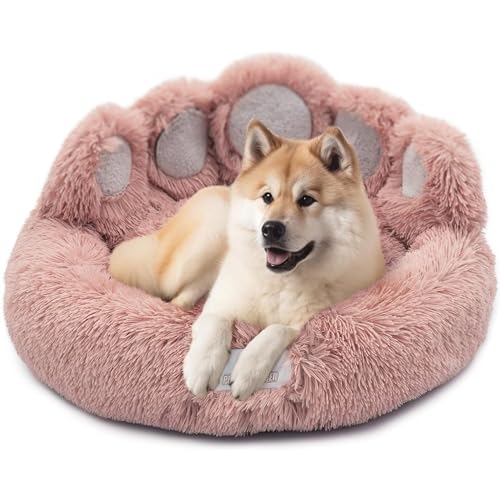 Pfoten&Nasen Hundebett Bärenpfote - Das Original - waschbar Hundekissen, Hundekorb, Flauschiges Hundebett für große, mittelgroße & kleine Hund (Rosa, L-85 cm) von Pfoten&Nasen