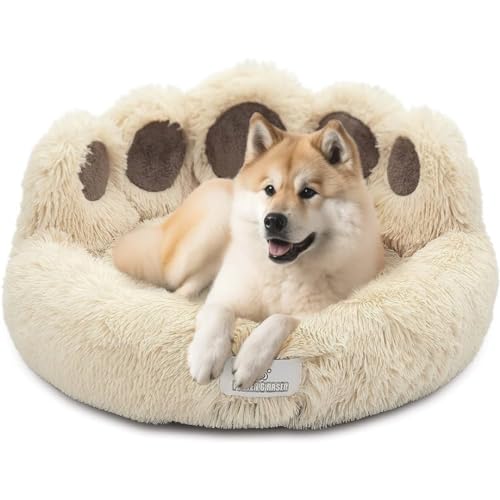 Pfoten&Nasen Hundebett Bärenpfote Fluffy - Das Original - waschbar Hundekissen, Hundekorb, Flauschiges Hundebett für große, mittelgroße & kleine Hunde (Beige, XL-105 cm) von Pfoten&Nasen