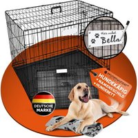 PfotenWunder® Hundekäfig klappbar 107*71*77.5cm, Hundetransportkäfig mit 2 Türen + 1 Hundebett & 1 Trainingsbuch | Tiertransportbox, Hundetransportbox, Hundebox Auto, Drahtkäfig faltbar mit Bodenschale von PfotenWunder®