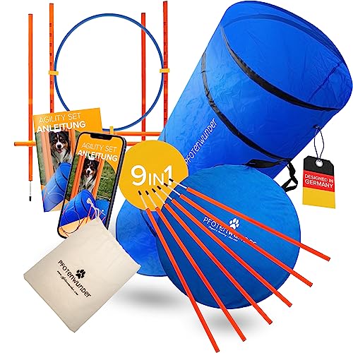 PfotenWunder® "9-in-1 - Agility Set Hunde groß + 21 Min. HUNDESCHULE - 6 Slalomstangen, 1 Tunnel, für kleine & große Hunde, Training Sport Spielzeug Cavaletti Parcour Steckhürdenset Zubehör Hürden von PfotenWunder