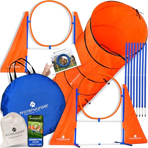 PfotenWunder® XXL-Profi-Agility Set Hunde Groß + 3 Meter-Tunnel + 21 Min. HUNDESCHULE - 6 Slalomstangen, für kleine & große Hunde-Training Sport Cavaletti Parcour Steckhürdenset Zubehör Hürden von PfotenWunder