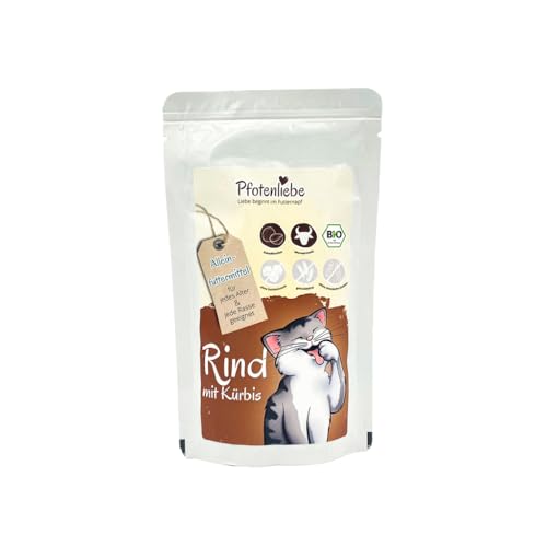 Pfotenliebe Bio-Nassfutter für Katzen, Bio-Rind mit Kürbis, 1x 100g (Pouch), getreidefrei, hochverträglich, für jedes Alter geeignet von Pfotenliebe
