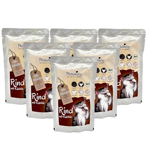 Pfotenliebe Bio-Nassfutter für Katzen, Bio-Rind mit Kürbis, 6X 100g (Pouch), getreidefrei, hochverträglich, für jedes Alter geeignet von Pfotenliebe