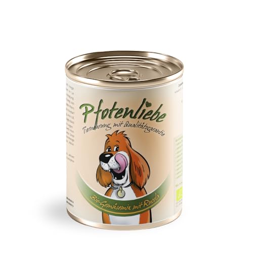 Pfotenliebe® Bio-Nassfutter für Hunde, Bio-Gemüsemix mit Rucola, mit Qualitätsgarantie, natürlich ohne Chemie, schonend in der Dose gegart, geeignet als Zugabe bei der Rohfütterung von Pfotenliebe