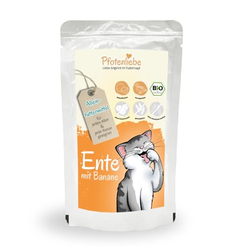 Pfotenliebe Bio-Nassfutter für Katzen, Bio-Ente mit Banane, 1x 100g (Pouch), getreidefrei, hochverträglich, für jedes Alter geeignet von Pfotenliebe