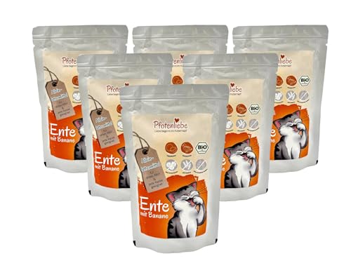 Pfotenliebe Bio-Nassfutter für Katzen, Bio-Ente mit Banane, 6X 100g (Pouch), getreidefrei, hochverträglich, für jedes Alter geeignet von Pfotenliebe