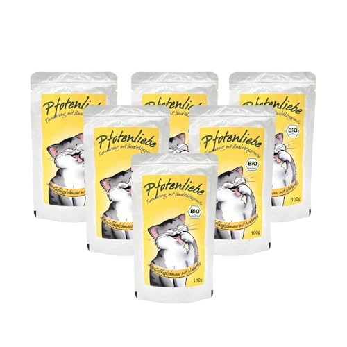 Pfotenliebe Bio-Nassfutter für Katzen, Bio-Geflügelschmaus mit Naturreis, natürlich ohne Chemie und mit Qualitätsgarantie, 6X 100g (Pouch) von Pfotenliebe