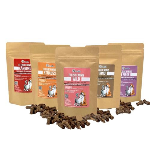 Pfotenliebe Leckerlies für Katzen, Fleisch Minnis für Hunde & Katzen, Fleischsnack in verschiedenen Geschmacksrichtungen, 100g (5X 50g Probierpaket) von Pfotenliebe