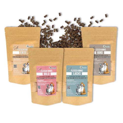 Pfotenliebe Leckerlies für Katzen und Hunde, Soft Fleisch Minnis, weicher Fleischsnack in verschiedenen Geschmacksrichtungen, 200g (4X 50g Probierpaket) von Pfotenliebe