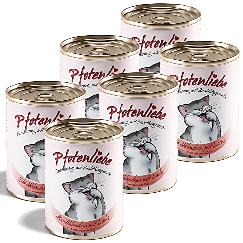 Pfotenliebe Nassfutter für Katze, Bio-Hähnchen mit Lachsfilet, mit Qualitätsgarantie, Nierenschonende Kost, 6x400g (Dose) von Pfotenliebe