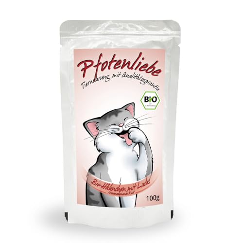 Pfotenliebe Nassfutter für Katzen, Bio-Hähnchen mit Lachsfilet, mit Qualitätsgarantie, Nierenschonende Kost, 1x100g (Pouch) von Pfotenliebe