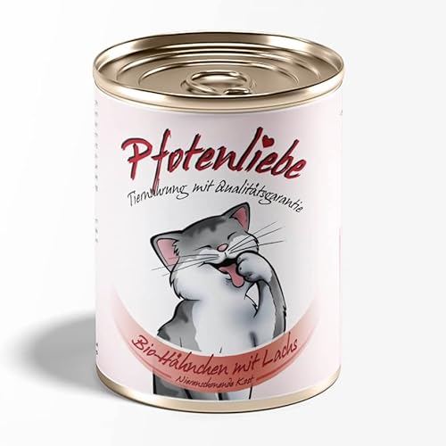 Pfotenliebe Nassfutter für Katzen, Bio-Hähnchen mit Lachsfilet, mit Qualitätsgarantie, Nierenschonende Kost, 1x400g (Dose) von Pfotenliebe