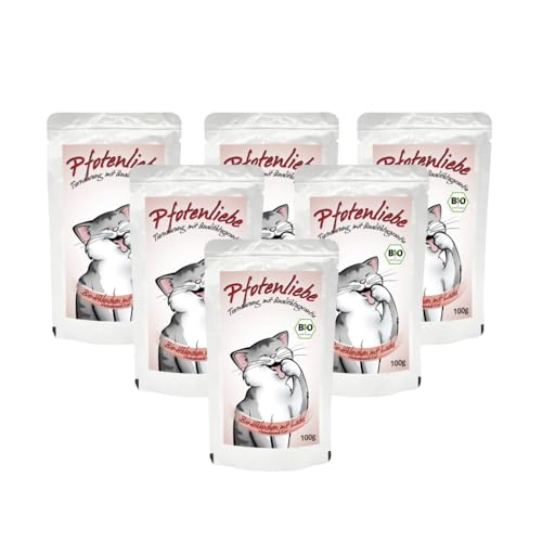 Pfotenliebe Nassfutter für Katzen, Bio-Hähnchen mit Lachsfilet, mit Qualitätsgarantie, Nierenschonende Kost, 6x100g (Pouch) von Pfotenliebe