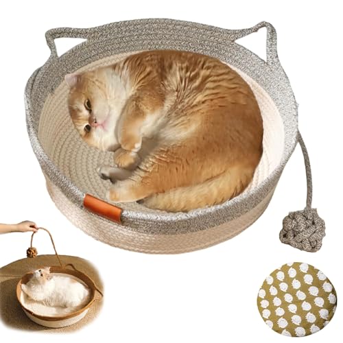 Cutypet Katzenkorb, eingebauter Spielballkorb, handgewebter Katzenbettkorb, strapazierfähiges gewebtes Seil mit hohen Wänden und Baumwollkissen, kühler und gemütlicher Ruheplatz (Grau, L) von Phaqetre