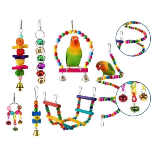 Spielzeug für Vögel, Birne, Papagei, 7 Stück, Spielzeugset, Bunt, Holz, Einfach zu montieren, Bunt, Hängende Käfig-Zubehör (16) von Phefop