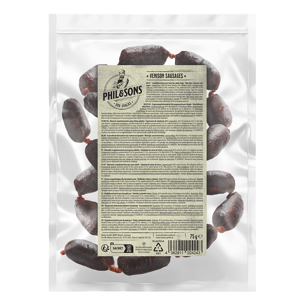 Phil & Sons Hirschfleischwürstchen - Sparpaket: 4 x 75 g Phil & Sons Hirschfleischwürstchen - Sparpaket: 4 x 75 g von Phil & Sons