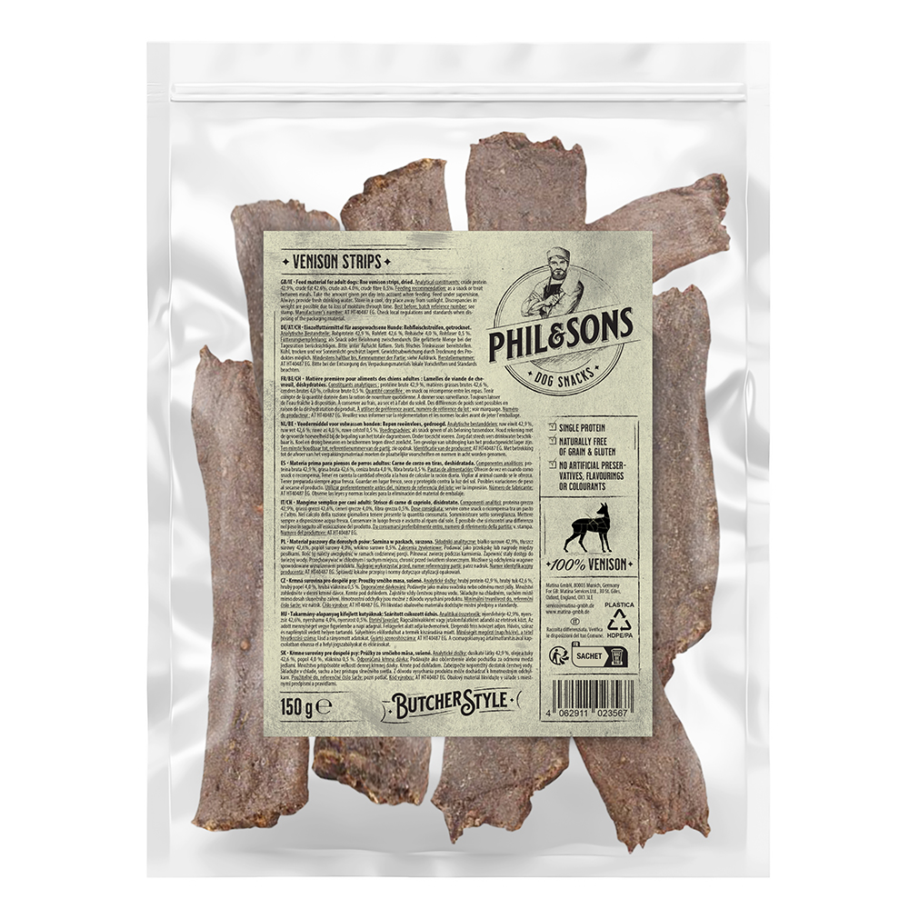 Phil & Sons Rehfleischstreifen - Sparpaket: 3 x 150 g Phil & Sons Rehfleischstreifen - Sparpaket: 3 x 150 g von Phil & Sons