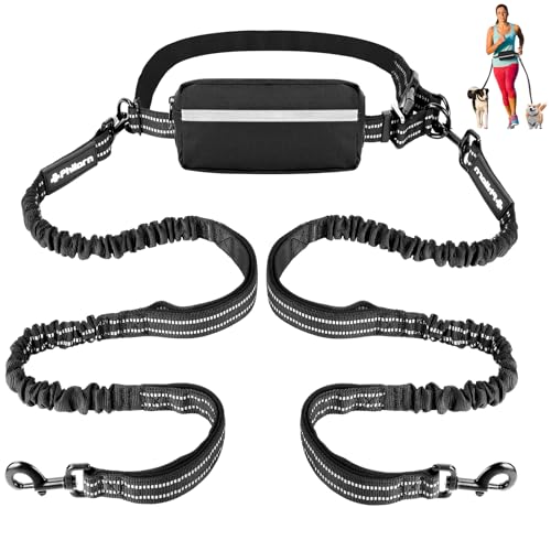 Philorn Joggingleine für 2 Hunde, Freihändig Laufleine für Hunde, Bauchgurt Hundeleine zum Joggen Laufen Wandern mit Dual Griffe, Reflektierende Nähte, Laufgurt für Große Hunde bis 50kg, 121-164cm von Philorn