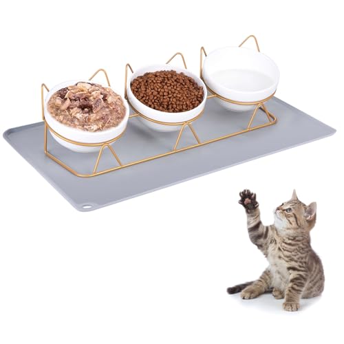 IKIMI Katzennapf 3er Set Keramik Katzenfutter Schüssel mit Ständer Haustier Schüssel Matte geneigt Erhöhte Katze Futterstation Kätzchen Futter Aufbewahrung Schalen Anti Erbrechen Erhöhter IKIMI Katzennapf 3er Set Keramik Katzenfutter Schüssel mit Ständer Haustier Schüssel Matte geneigt Erhöhte Katze Futterstation Kätzchen Futter Aufbewahrung Schalen Anti Erbrechen Erhöhter von IKIMI