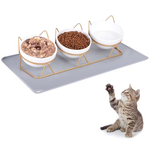 Phoetya Katzennapf 3er Set, Keramik Katzenfutternapf mit Ständer Pet Bowl Mat Tilted Elevated Cat Feeding Station Kitten Food Storage Bowls Anti Vomiting Raised Puppy Dish Feeder von Phoetya